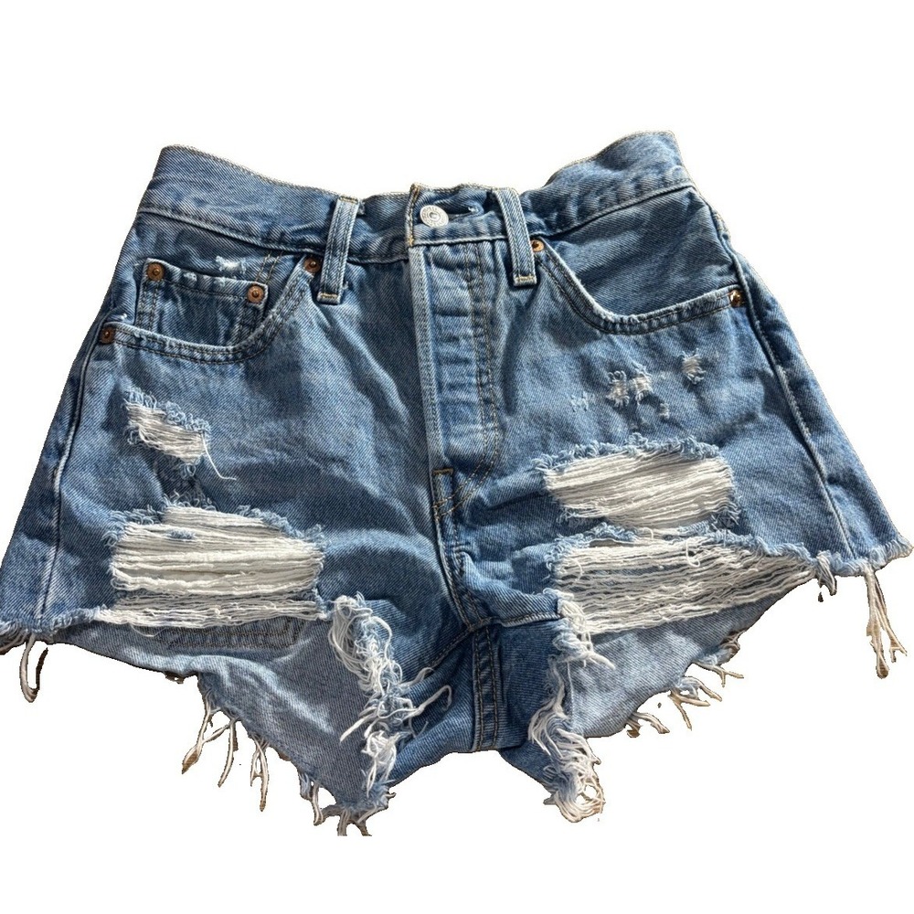 Levis 501 Jean Shorts Button Fly Blue Womens Size 24 Raw Hem Cut off distressed
